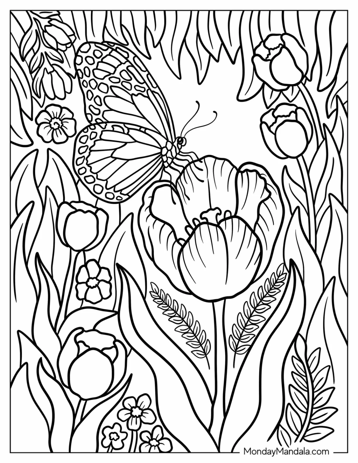 Spring Garden Filled with Tulip Coloring Page, Blossoms, and a Monarch Butterfly coloring page — printable line art