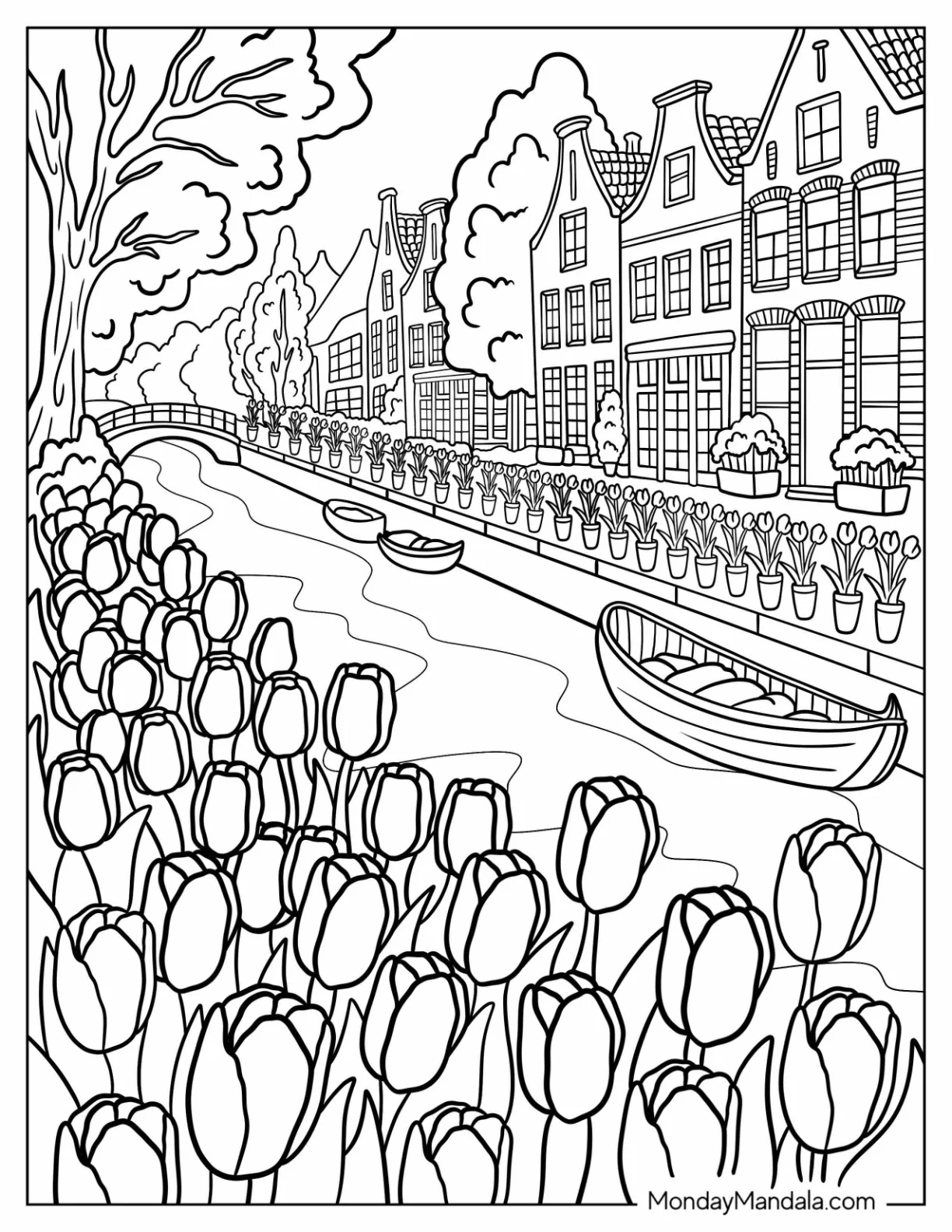 Tulip Coloring Page Blooming Along a Canal with Boats and Classic Townhouses coloring page — printable line art
