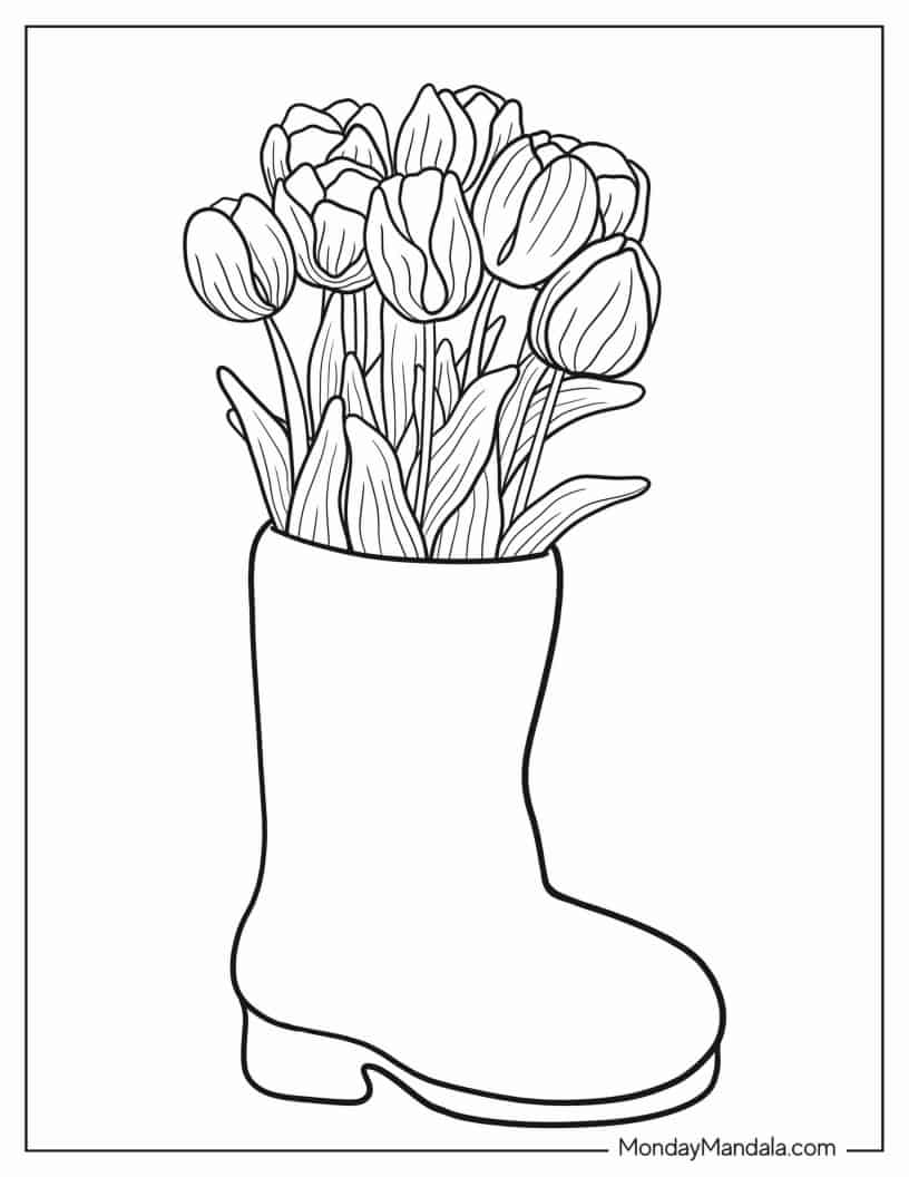 Tulip Flowers Growing From a Boot coloring page