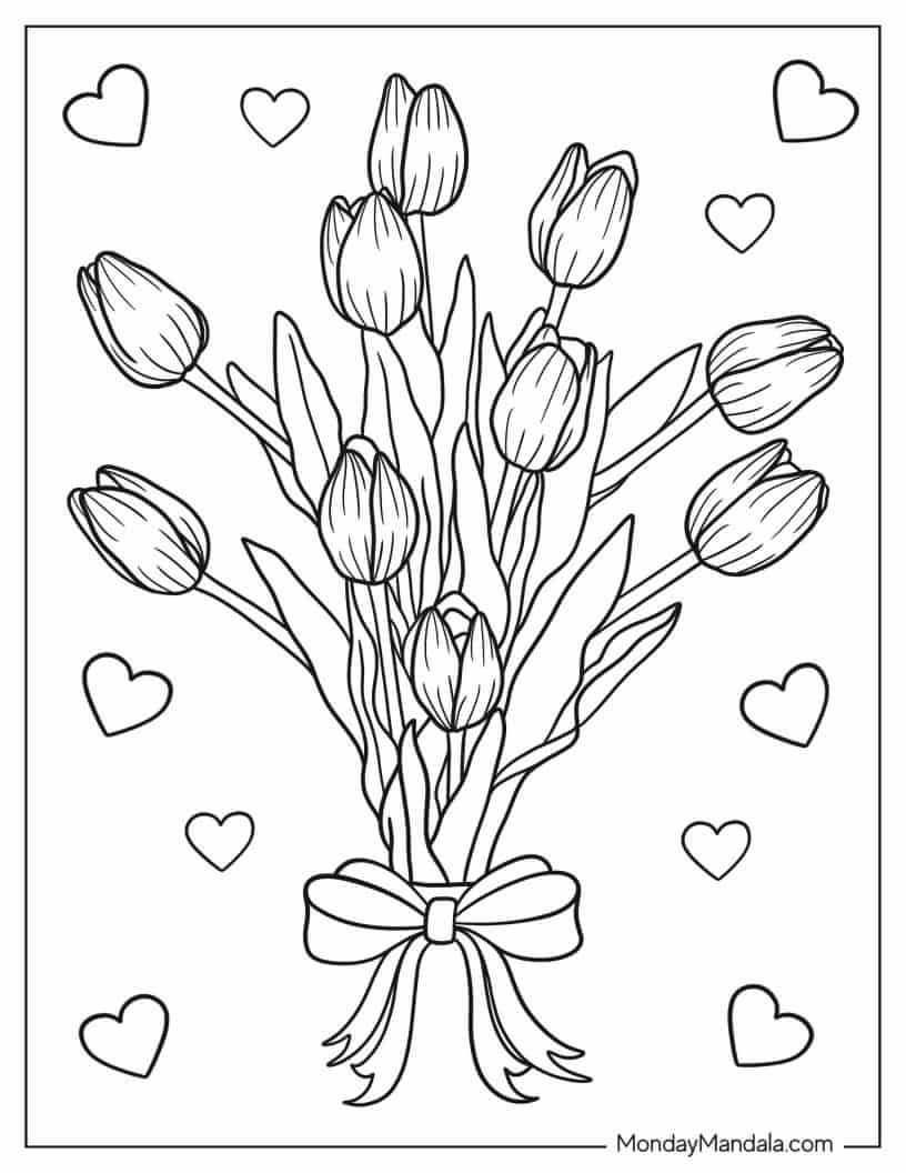 Tulips With Love Hearts To Color coloring page