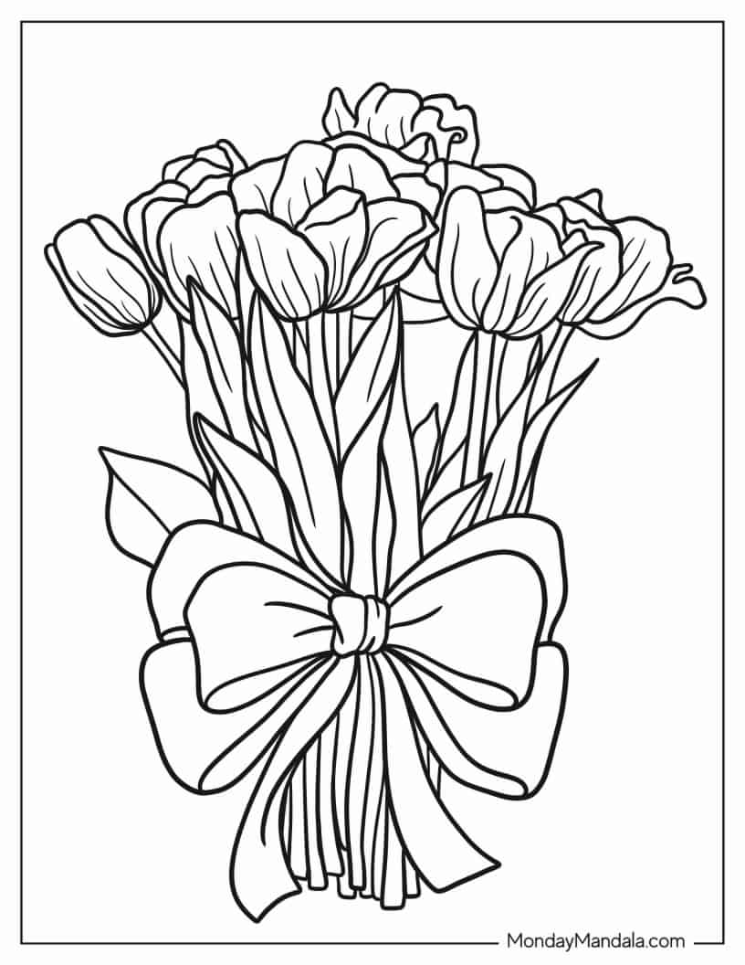 Tulips Wrapped In Large Bow To Color coloring page — printable line art