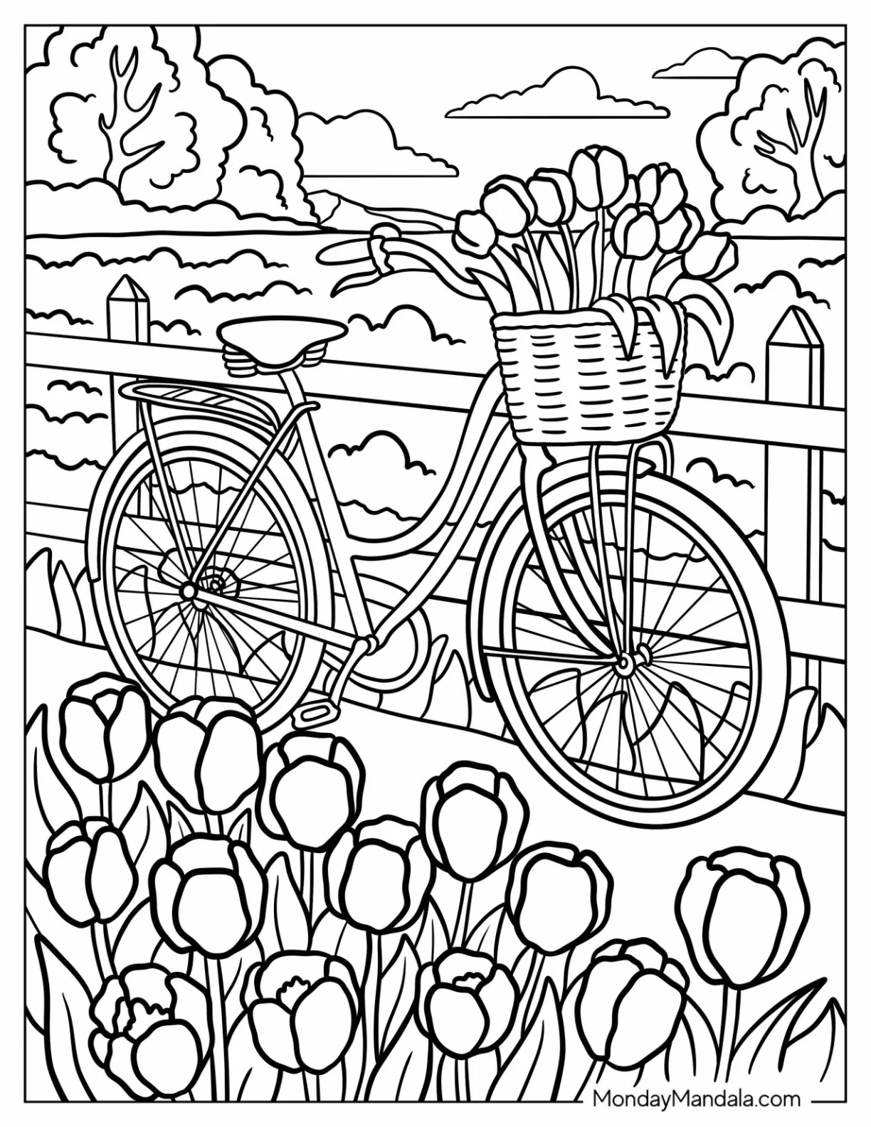 Vintage Bicycle with Basket of Tulip Coloring Page Parked by a Fence in a Flower Field coloring page