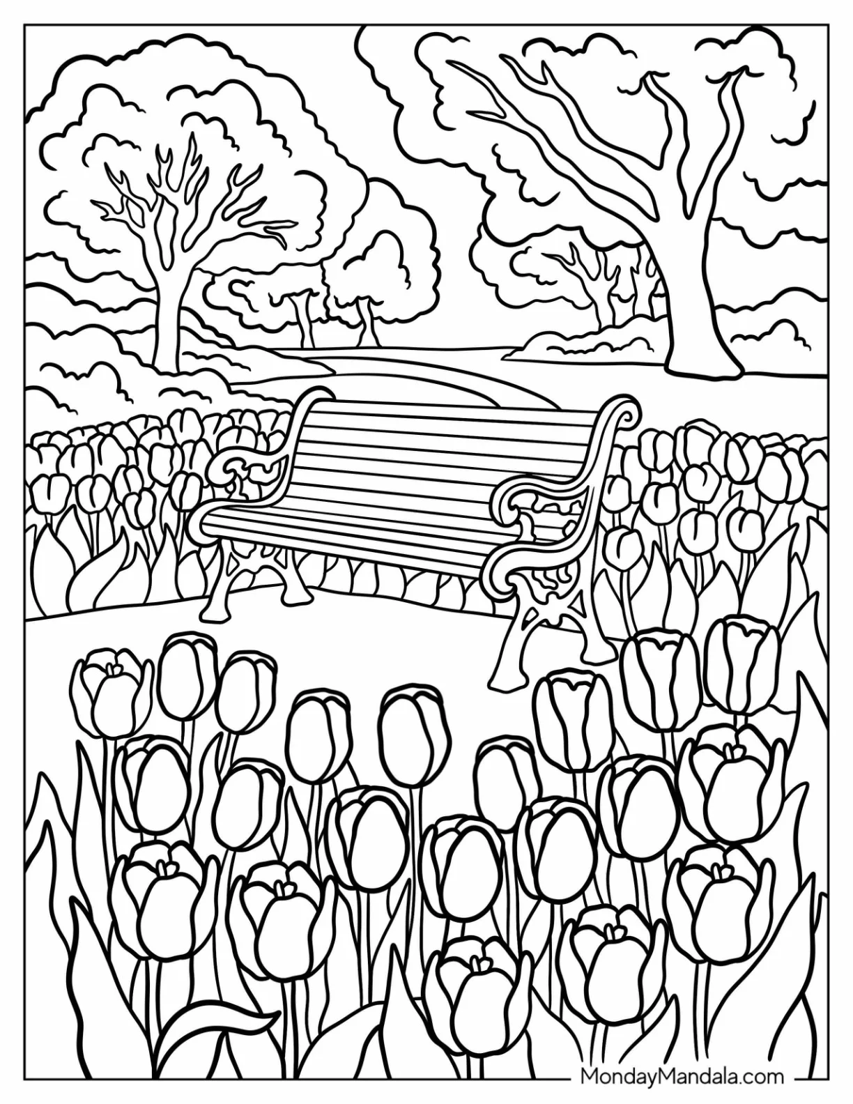 Wooden Park Bench Surrounded by Blooming Tulip Coloring Page and Leafy Trees coloring page
