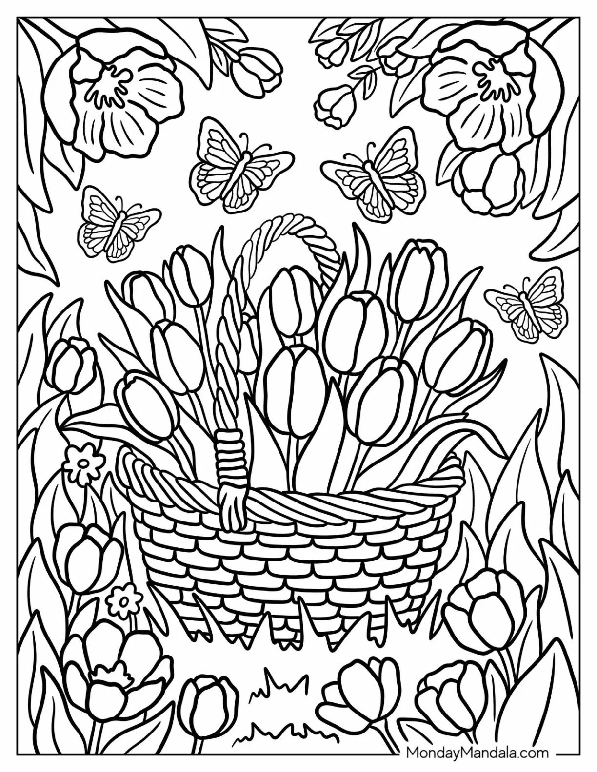 Woven Basket Filled with Tulip Coloring Page Surrounded by Butterflies and Blooming Flowers coloring page