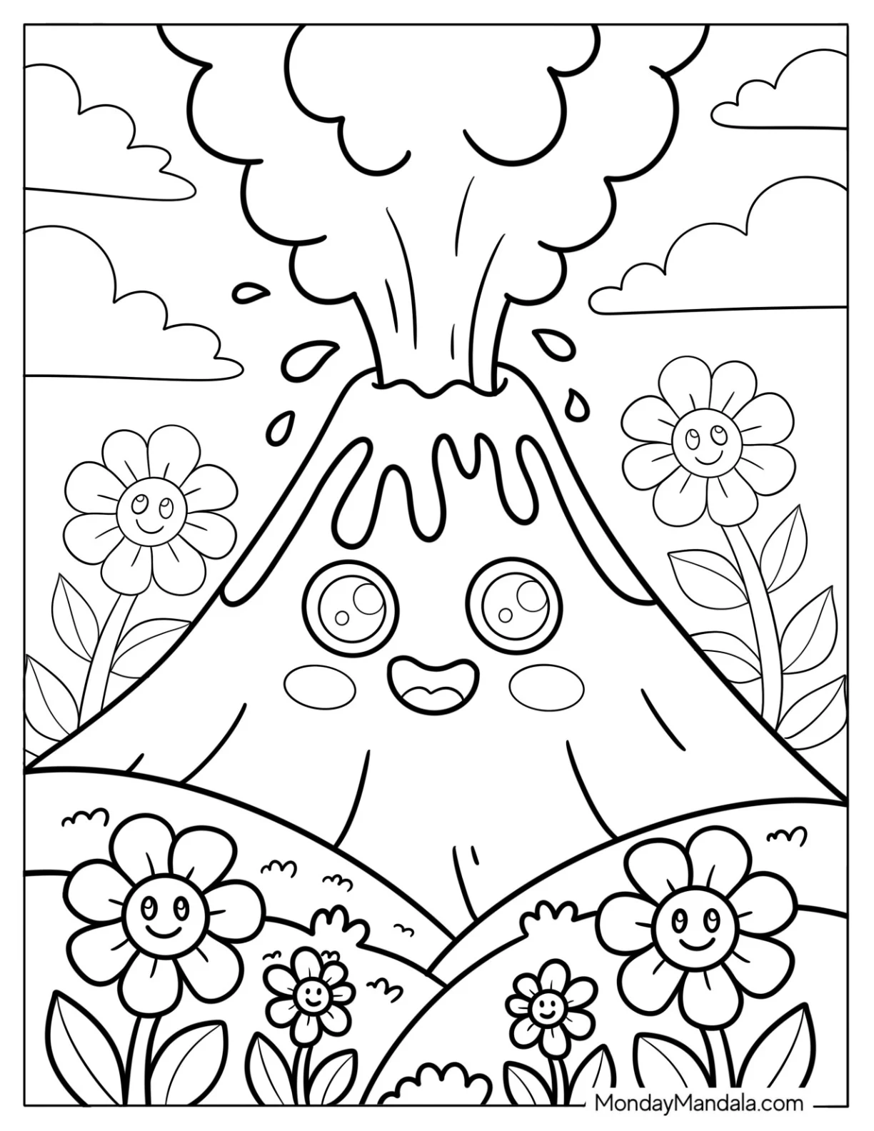 Cartoon Volcano Coloring Page Erupting Over Flower Field For Preschoolers coloring page