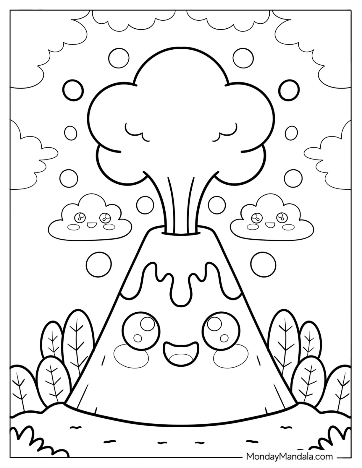 Cute Cartoon Volcano Coloring Page Erupting With Puffy Clouds and Leafy Plants For Kids coloring page