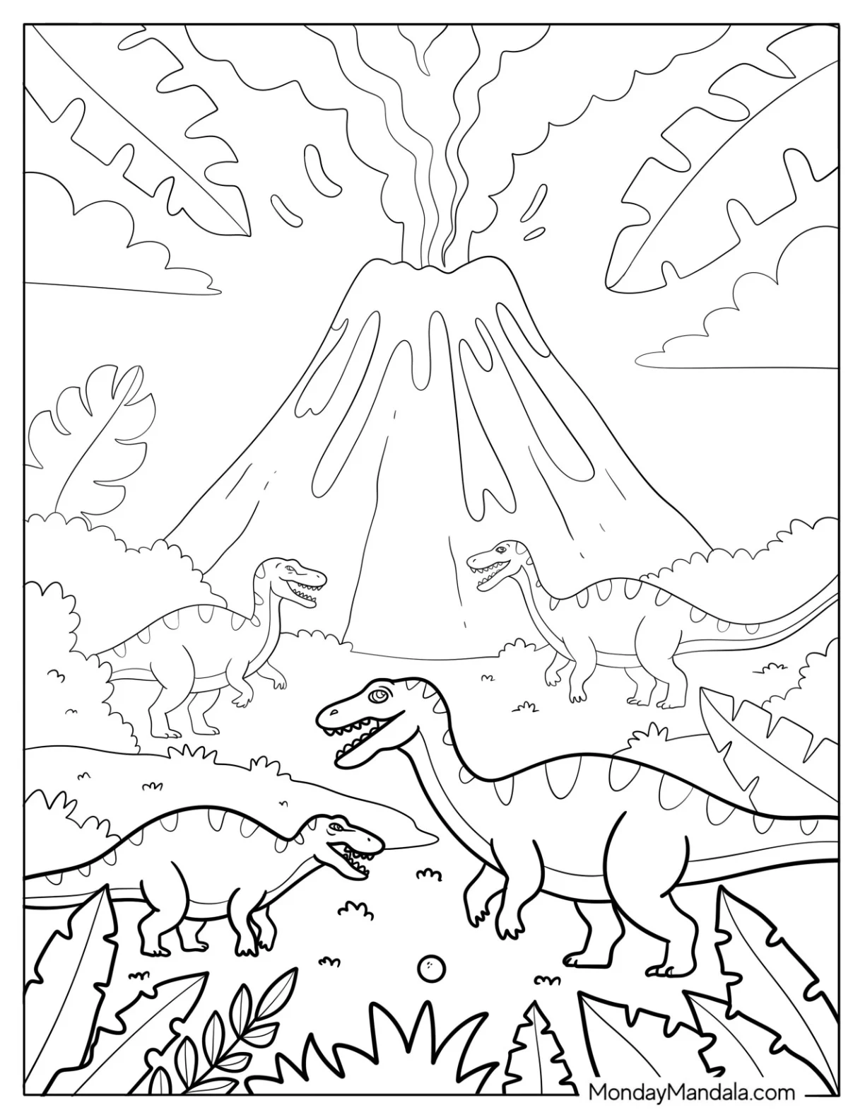 Dinosaurs Roaming Near Erupting Volcano Coloring Page For Kids coloring page