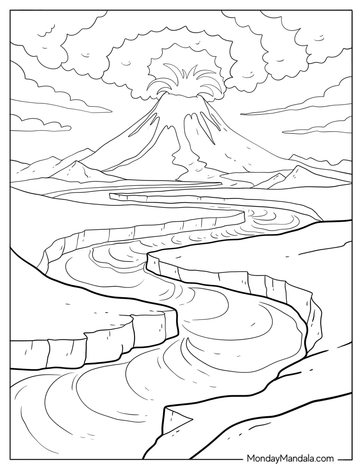 Flowing Lava From An Exploding Volcano Coloring Page coloring page