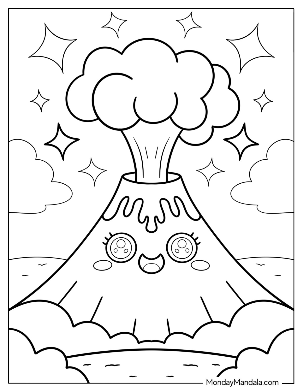 Happy Volcano Coloring Page Blasting Smoke Surrounded by Stars For Preschoolers coloring page