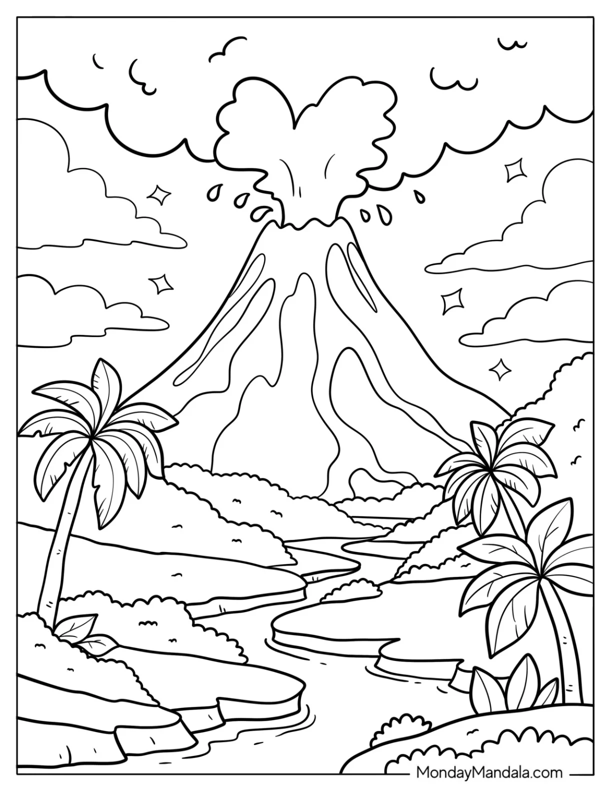 Island Volcano Coloring Page Blasting Smoke Into a Cloudy Sky coloring page