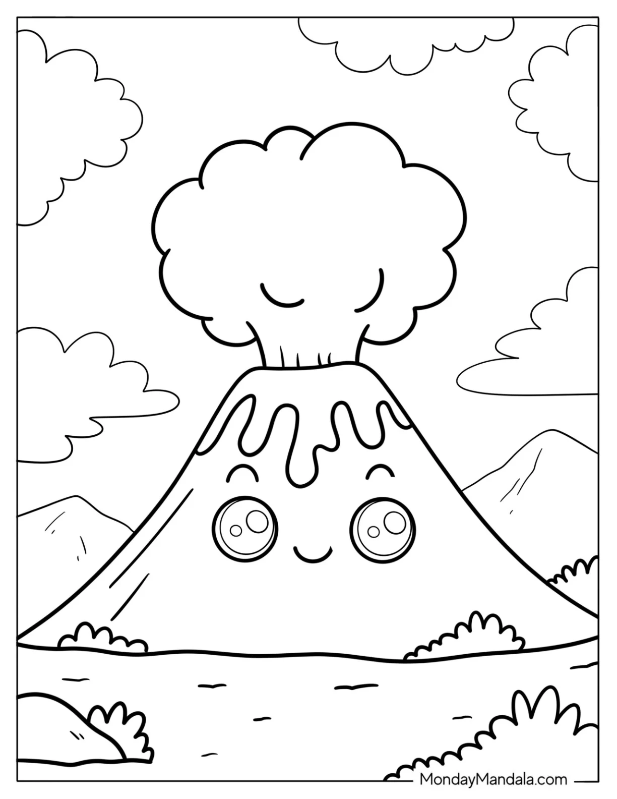 Kawaii Tiny Volcano Coloring Page With Puffy Smoke and Rolling Hills For Kids coloring page