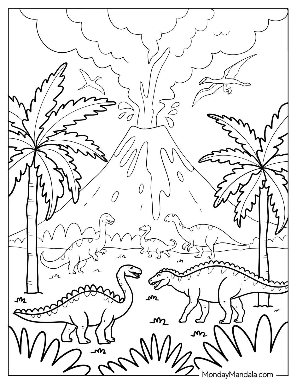 Lava Erupting From Volcano Coloring Page Surrounded by Dinosaurs and Jungle Plants For Kids coloring page