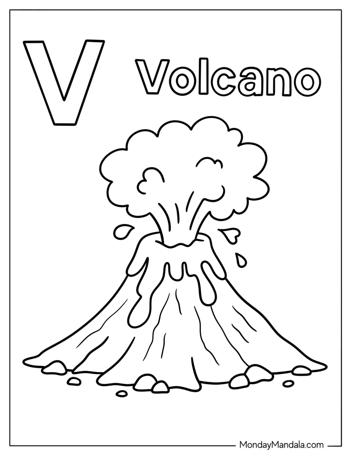 Letter V for Volcano Coloring Page With Eruption Illustration For Preschoolers coloring page