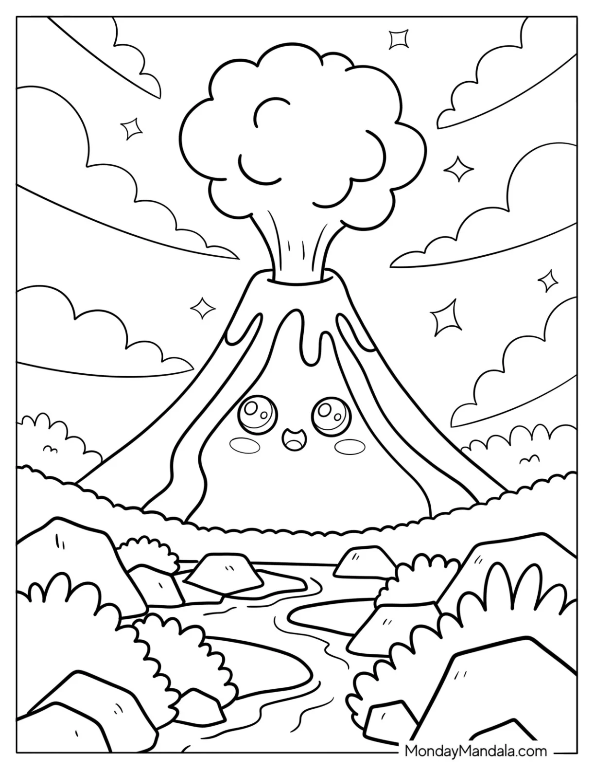 Smiling Volcano Coloring Page Surrounded by Rocks and Winding Stream For Kids coloring page