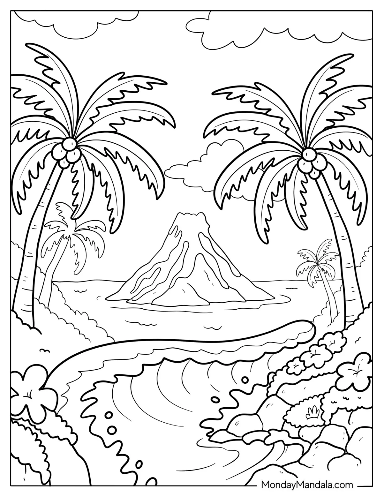 Tropical Beach With Distant Volcano Coloring Page and Coconut Palms coloring page