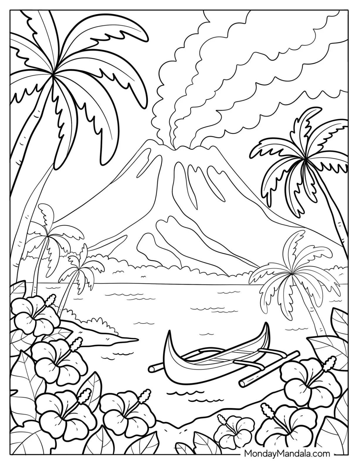 Tropical Beach With Volcano Coloring Page, Hibiscus Flowers, and Wooden Canoe coloring page
