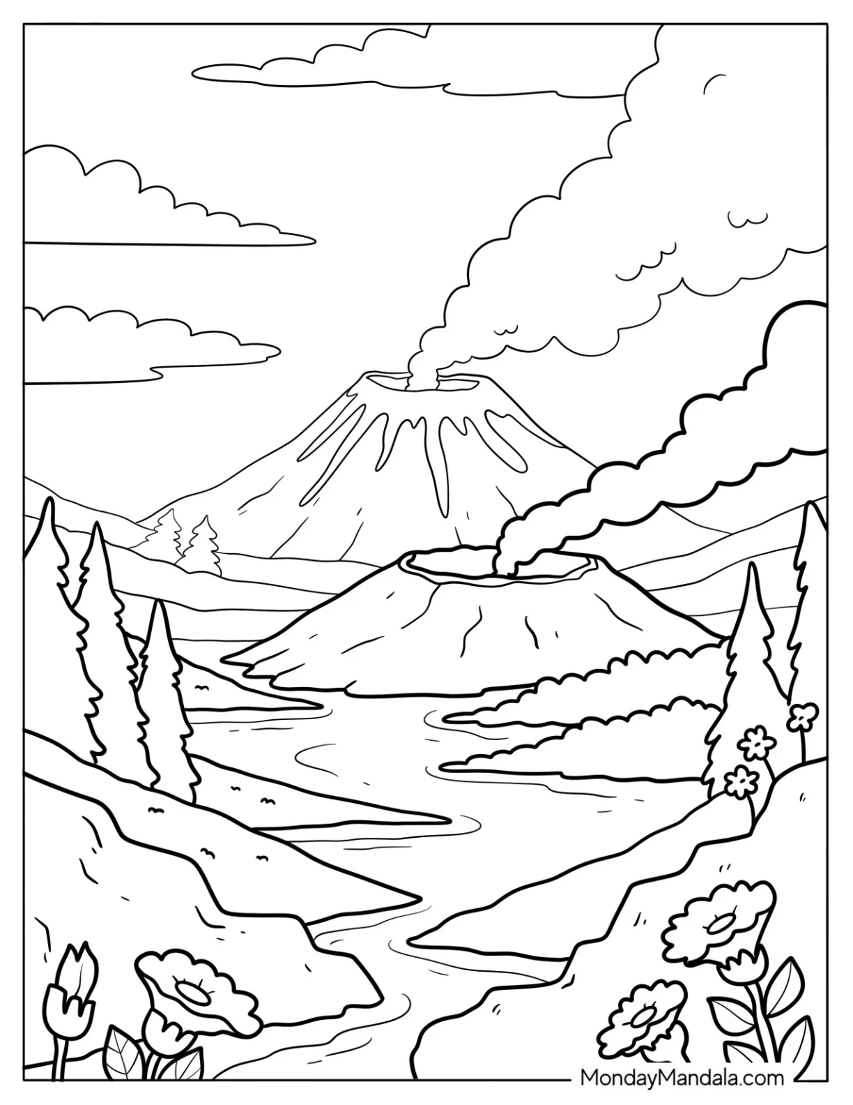 Two Steaming Volcano Coloring Page in Mountain Valley With Flowing Water coloring page