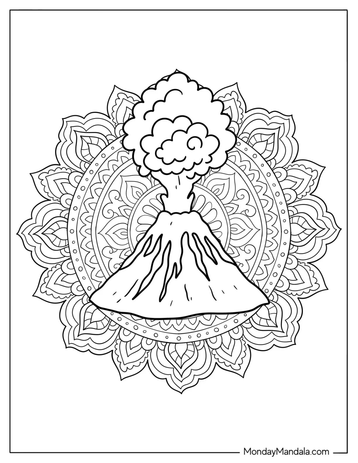 Volcano Coloring Page Erupting at Center of Intricate Mandala Design coloring page
