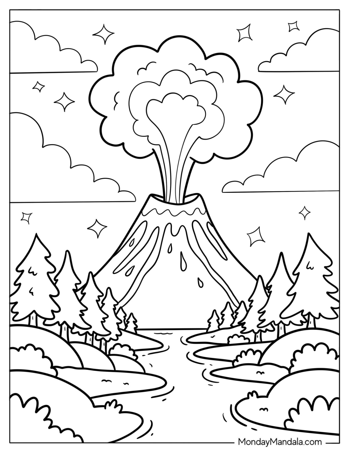 Volcano Coloring Page in Mid Eruption Surrounded by Pine Trees and Sparkling Sky For Kids coloring page