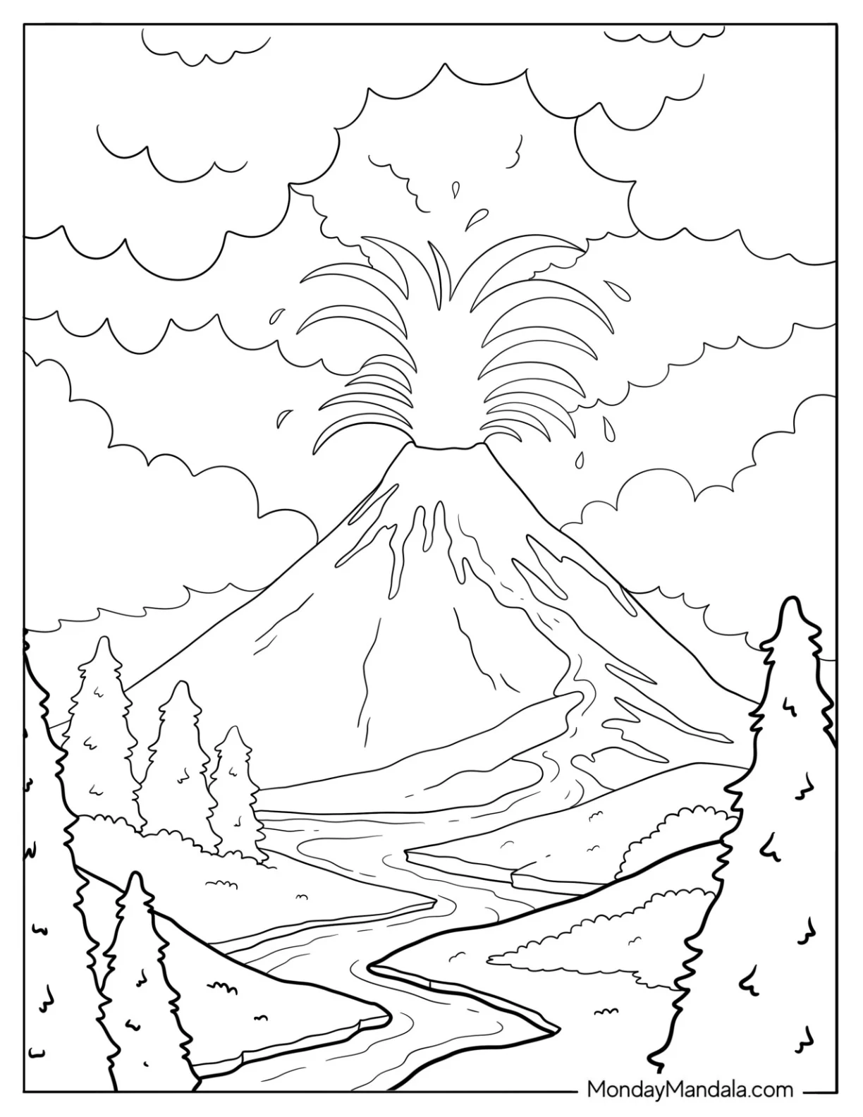 Volcano Coloring Page of Eruption in Scenic Valley With Tall Trees coloring page