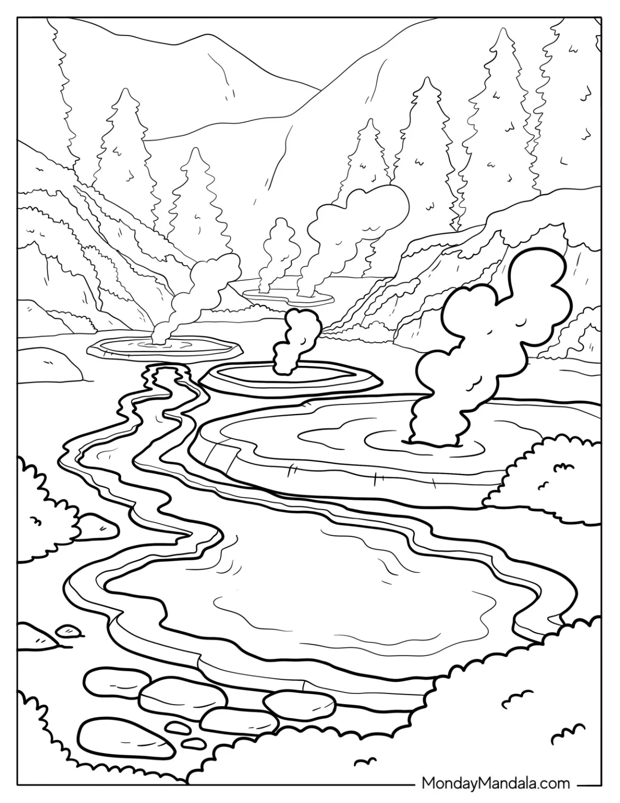 Volcano Coloring Page of Hot Pools Surrounded by Hills and Pine Trees coloring page