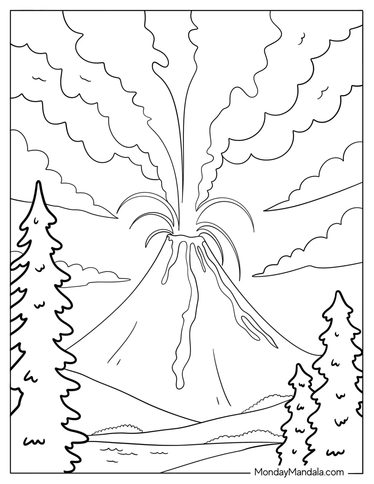 Volcano Coloring Page of Shooting Lava and Ash Into the Sky Near Pine Forest coloring page
