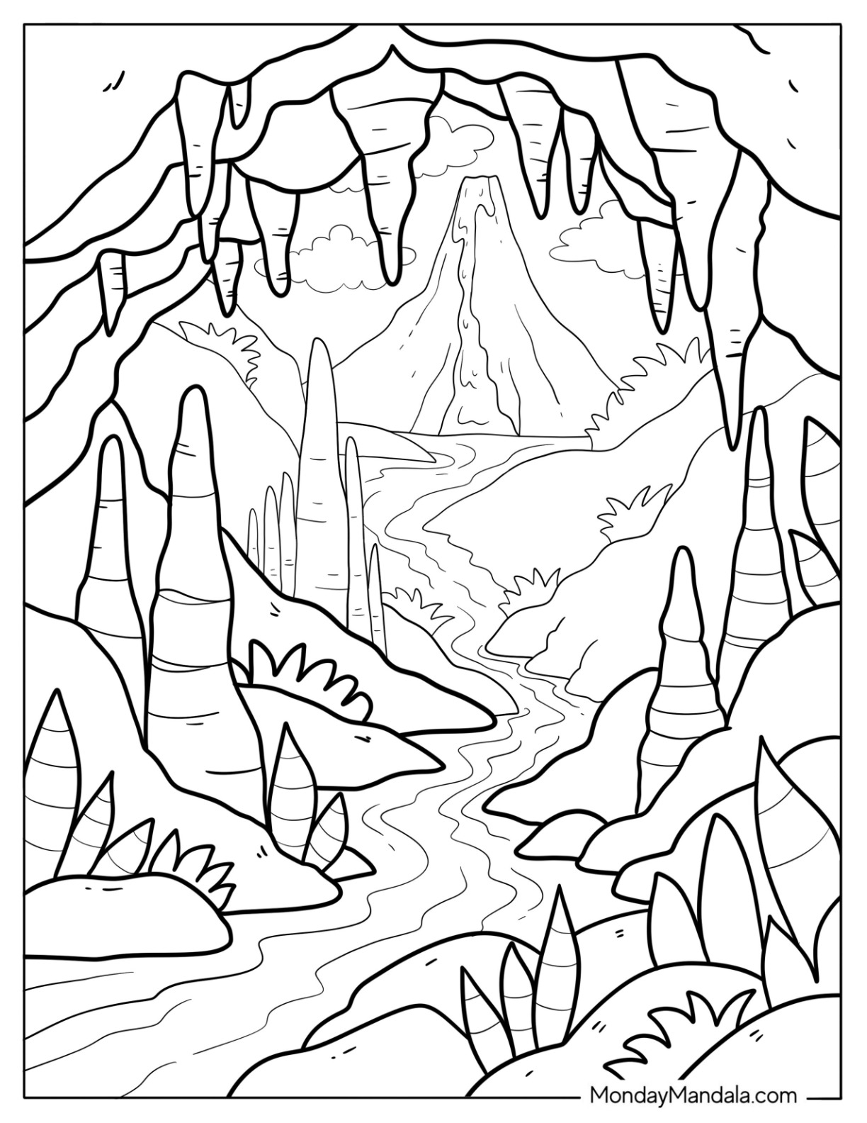 Volcano Coloring Page Seen Through Cave With Stalagmites and River Path for Adults coloring page