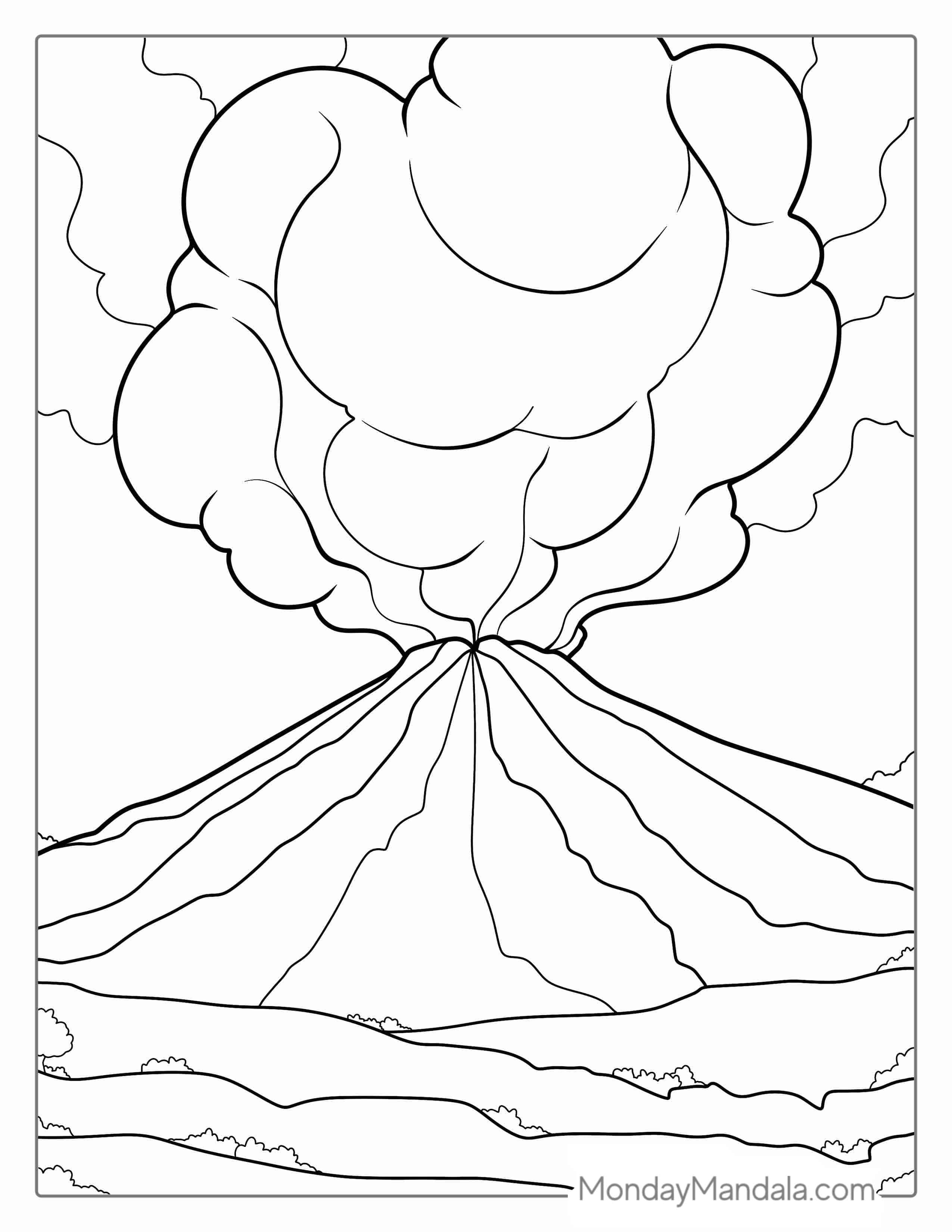 Volcano Coloring Pages Free PDF Printable -  Volcanic Eruption With Lots Of smoke coloring page
