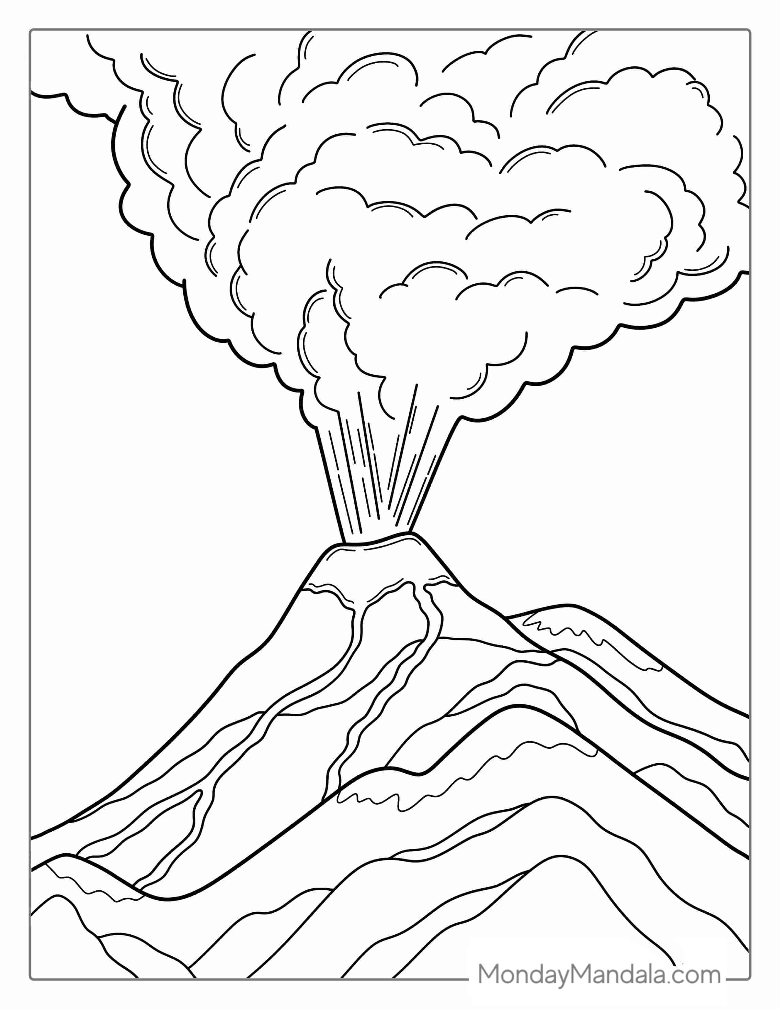 Volcano Coloring Pages Free PDF Printable - Volcano Erupting Gas and Smoke To Color coloring page