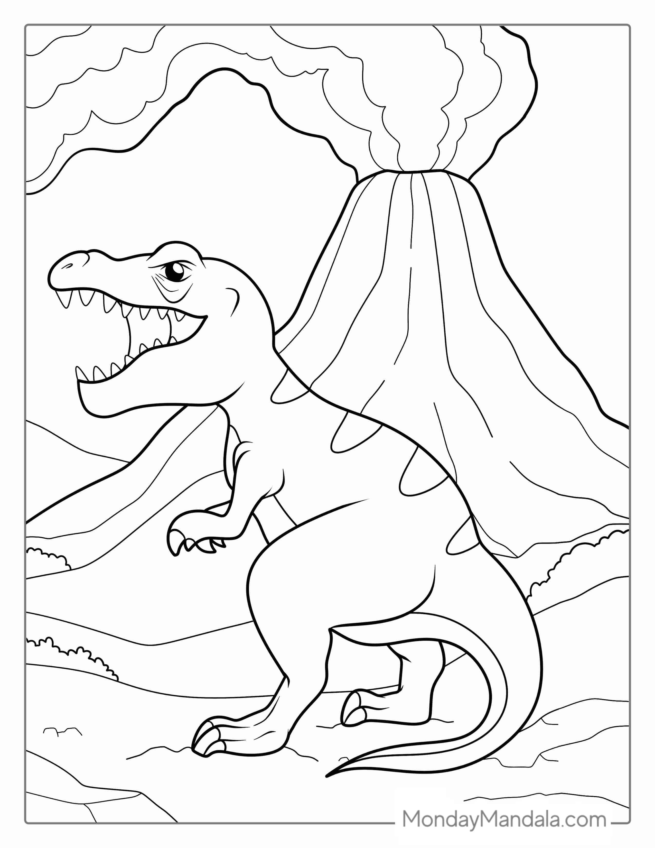 Volcano Coloring Pages Free PDF Printable - Volcano Eruption With Dinosaur To Color coloring page