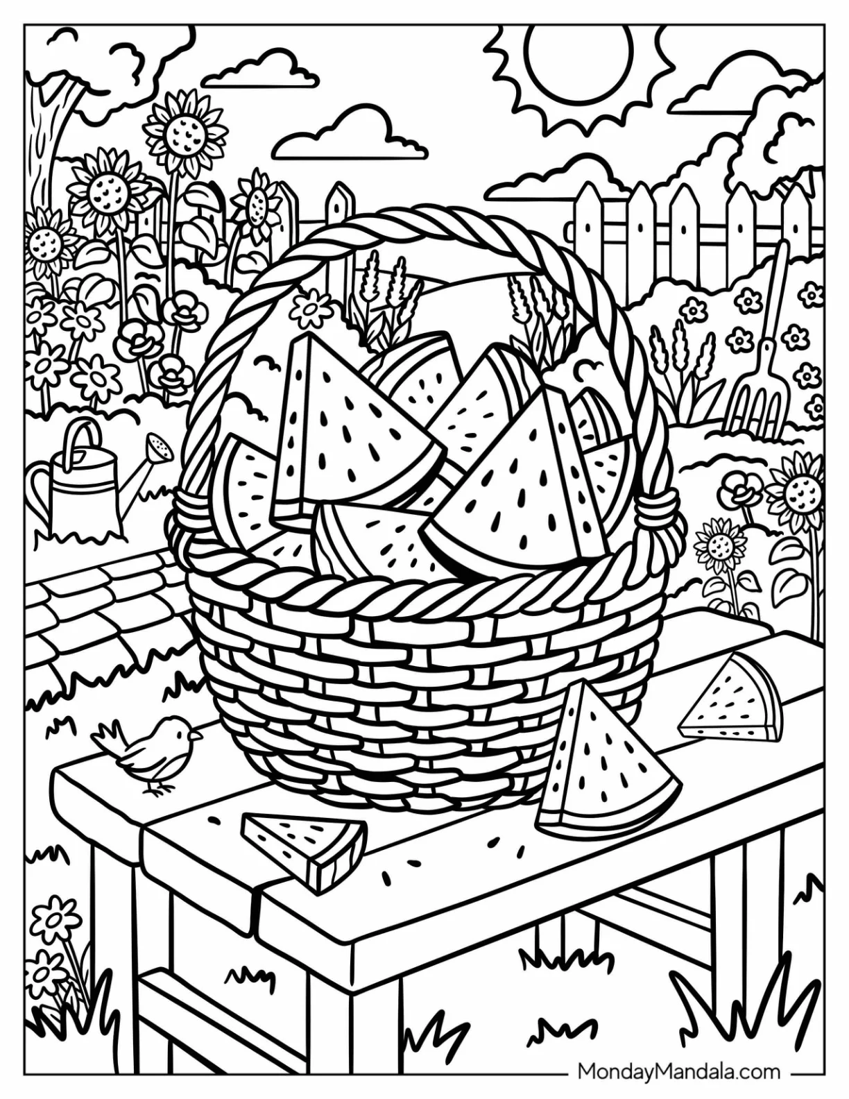 Basket of Watermelon Slices on a Garden Table Coloring Page coloring page — printable line art