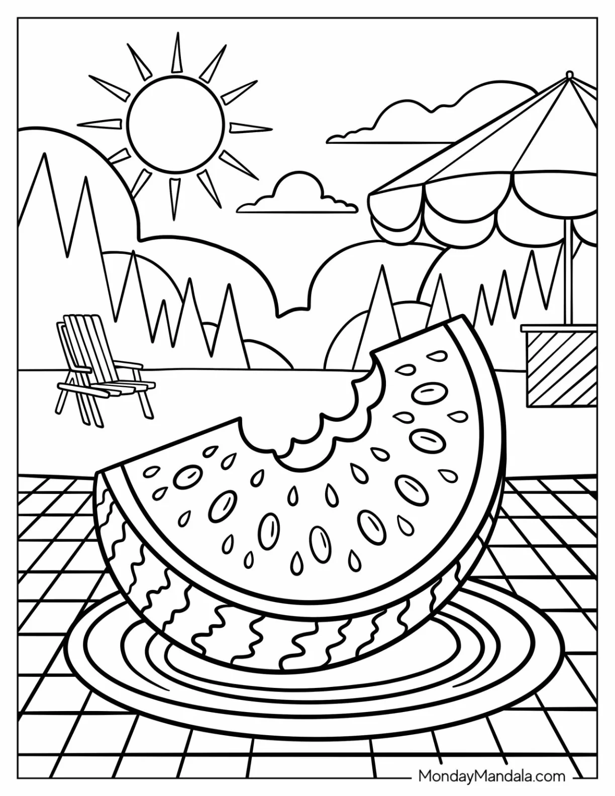 Bitten Watermelon Coloring Page Slice on Poolside Patio Under Summer Sun coloring page
