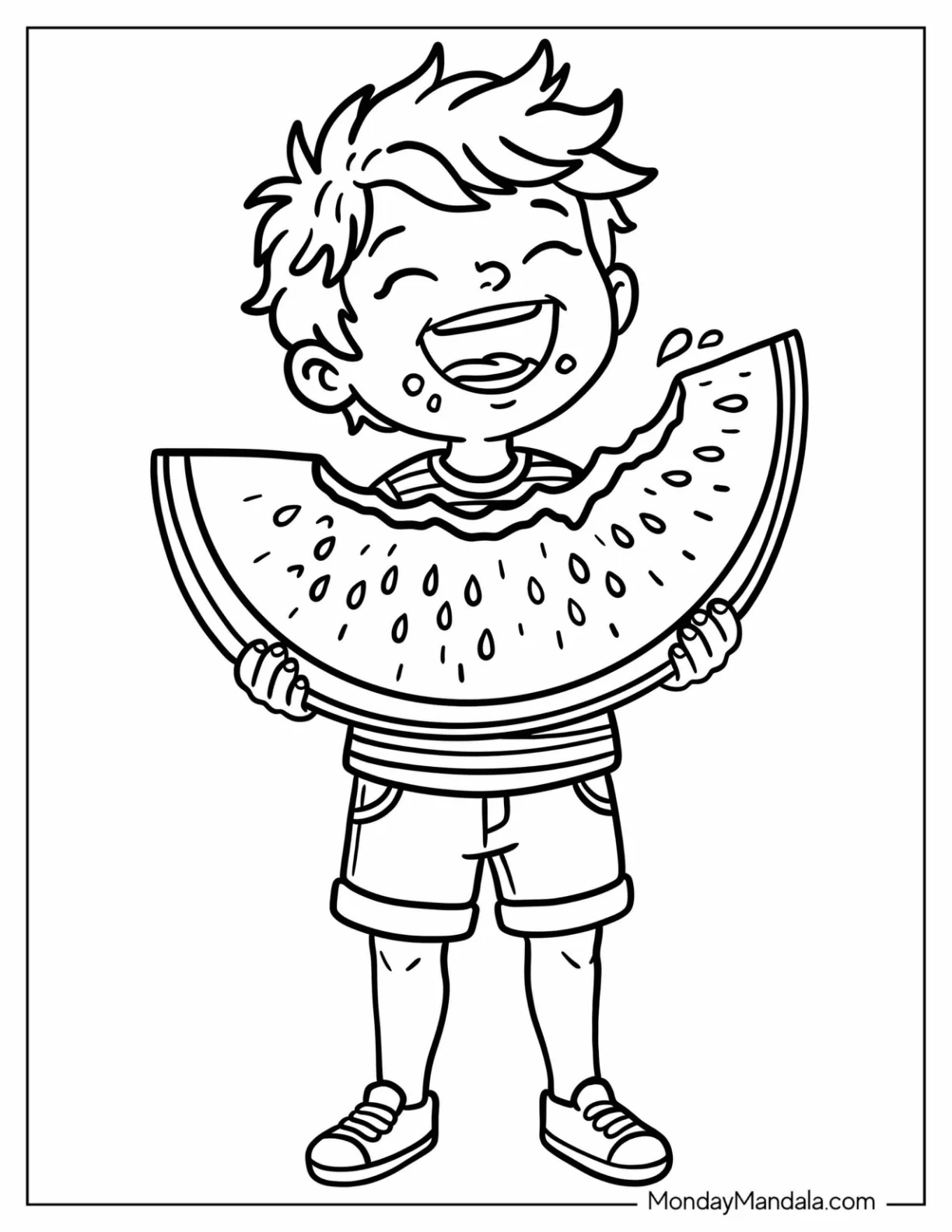 Boy Holding a Giant Watermelon Slice with a Bite Missing Coloring Sheet for Kids coloring page — printable line art