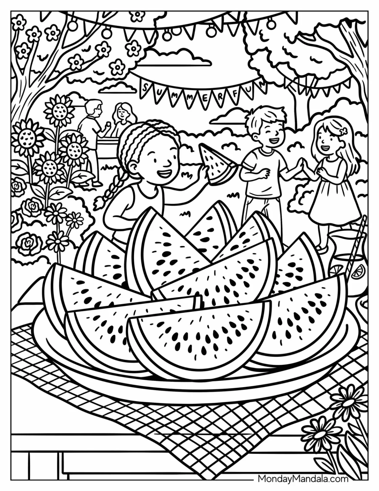 Children Enjoying Watermelon Slices at a Summer Picnic Coloring Page coloring page — printable line art