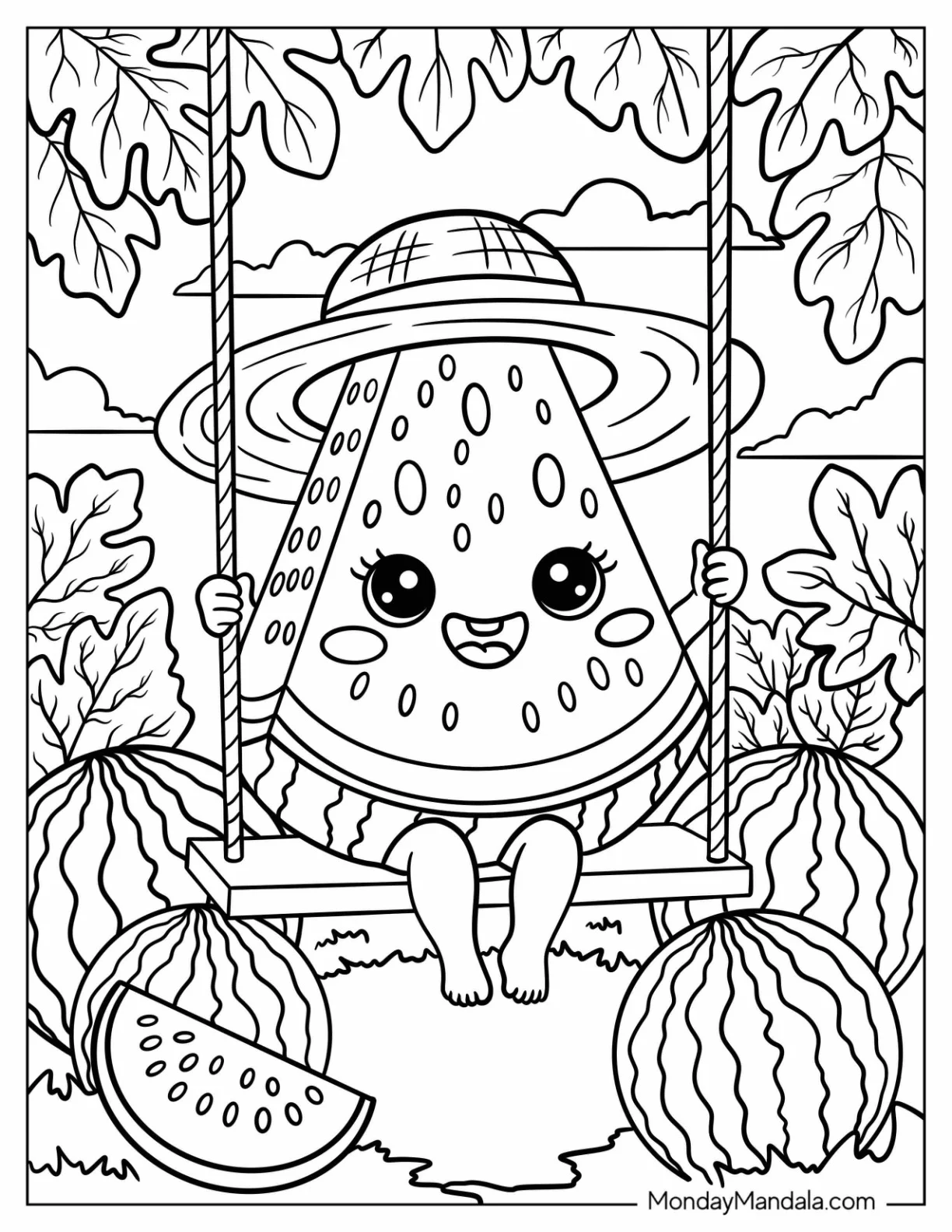 Cute Watermelon Coloring Page Slice Enjoying a Swing Ride for Kids coloring page