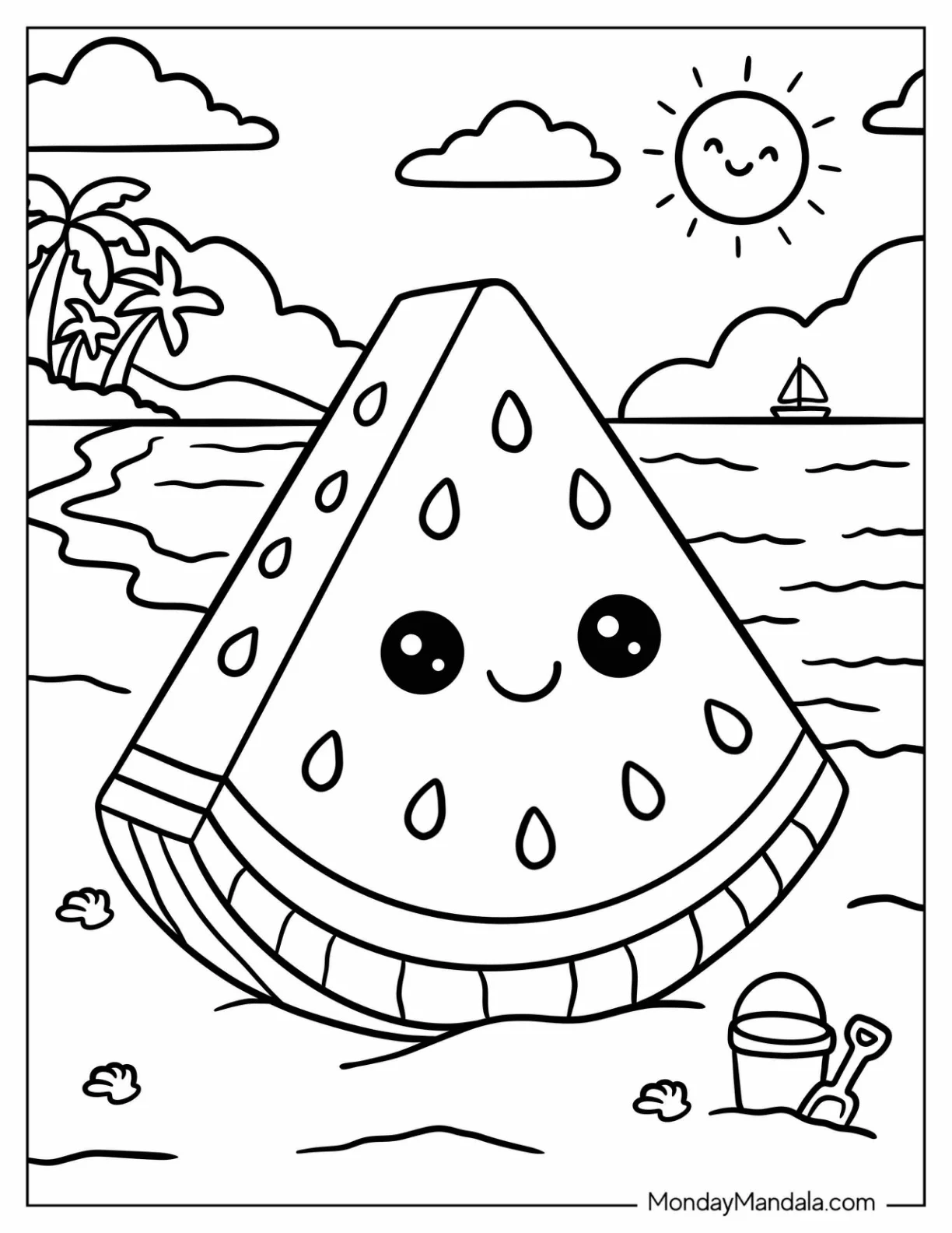 Cute Watermelon Slice Relaxing on a Sunny Beach Coloring Page for Kids coloring page