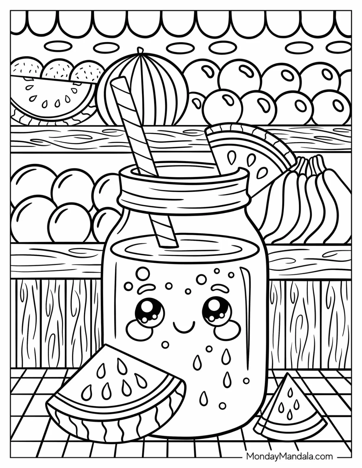 Fruit Stand with Happy Mason Jar and Watermelon Coloring Page Slices for Kids coloring page