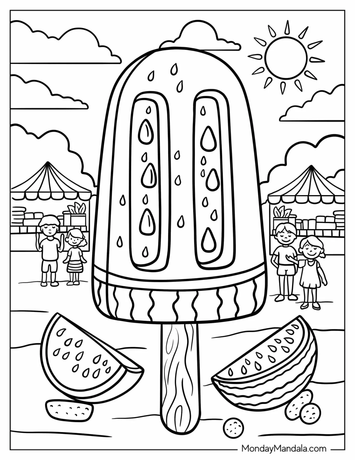 Giant Watermelon Coloring Page Popsicle at a Sunny Summer Fair coloring page