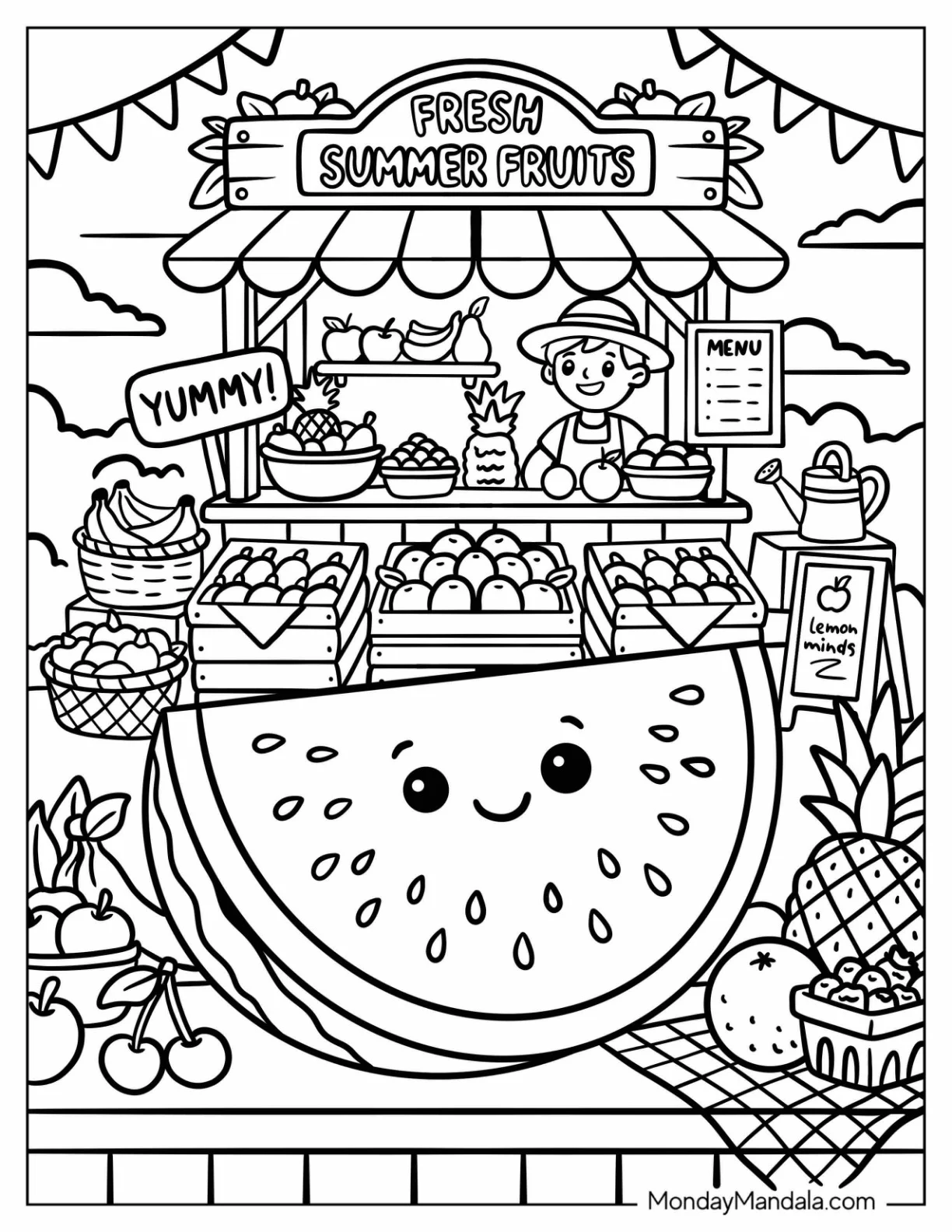 Giant Watermelon Slice at a Summer Fruit Stand Coloring Sheet coloring page — printable line art