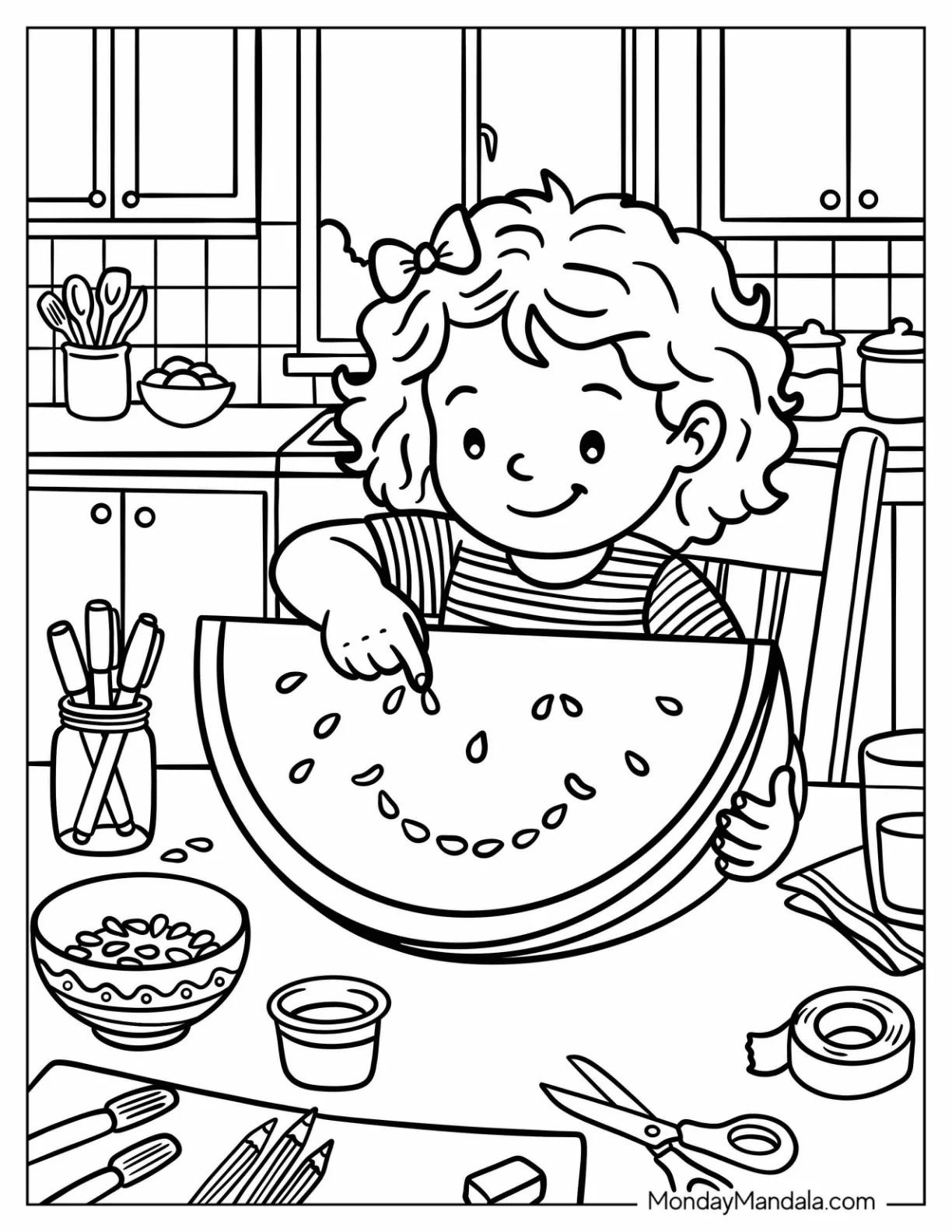 Girl Creating a Smiling Face with Watermelon Seeds Coloring Page coloring page