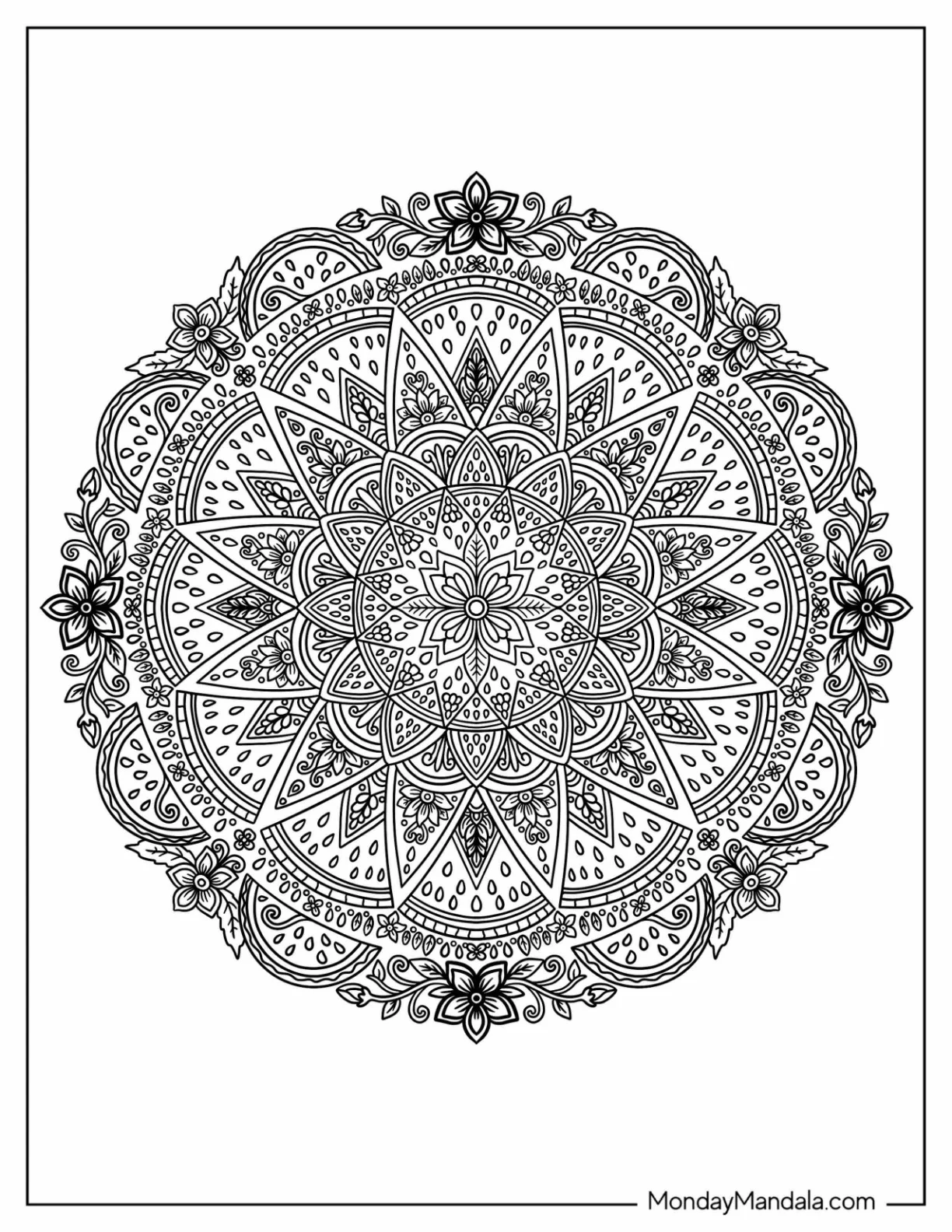 Intricate Watermelon Slice Mandala with Floral Details coloring page — printable line art