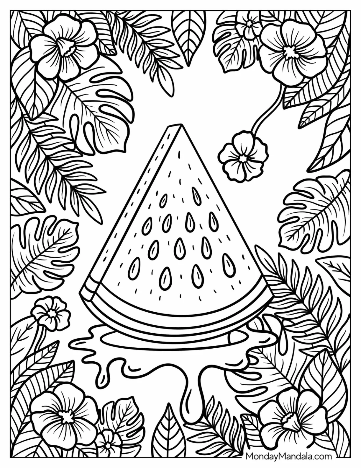 Juicy Watermelon Coloring Page Slice on a Tropical Leafy Backdrop coloring page