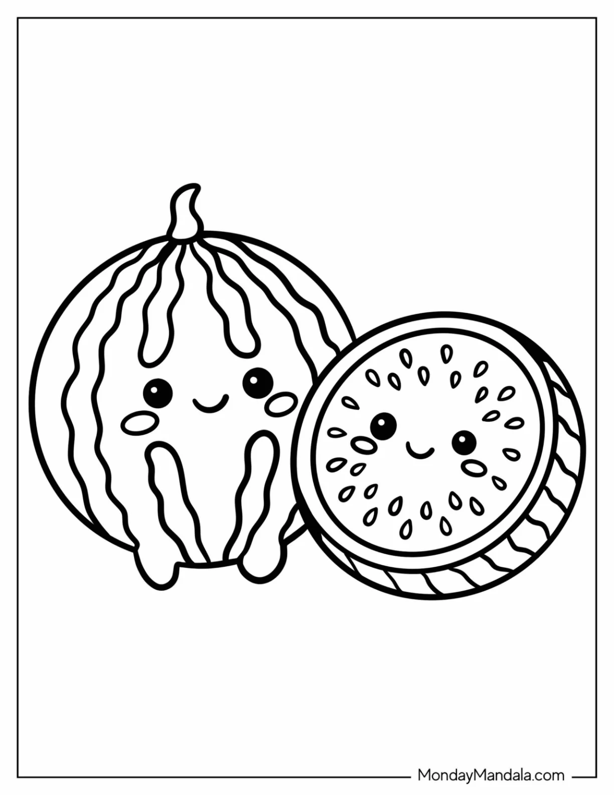 Kawaii Whole and Halved Watermelon Pair Coloring Page for Preschoolers coloring page — printable line art