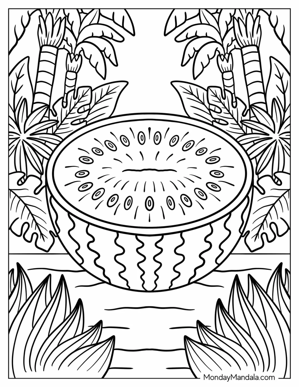 Large Watermelon Coloring Page Surrounded by Palm Leaves and Tropical Plants coloring page