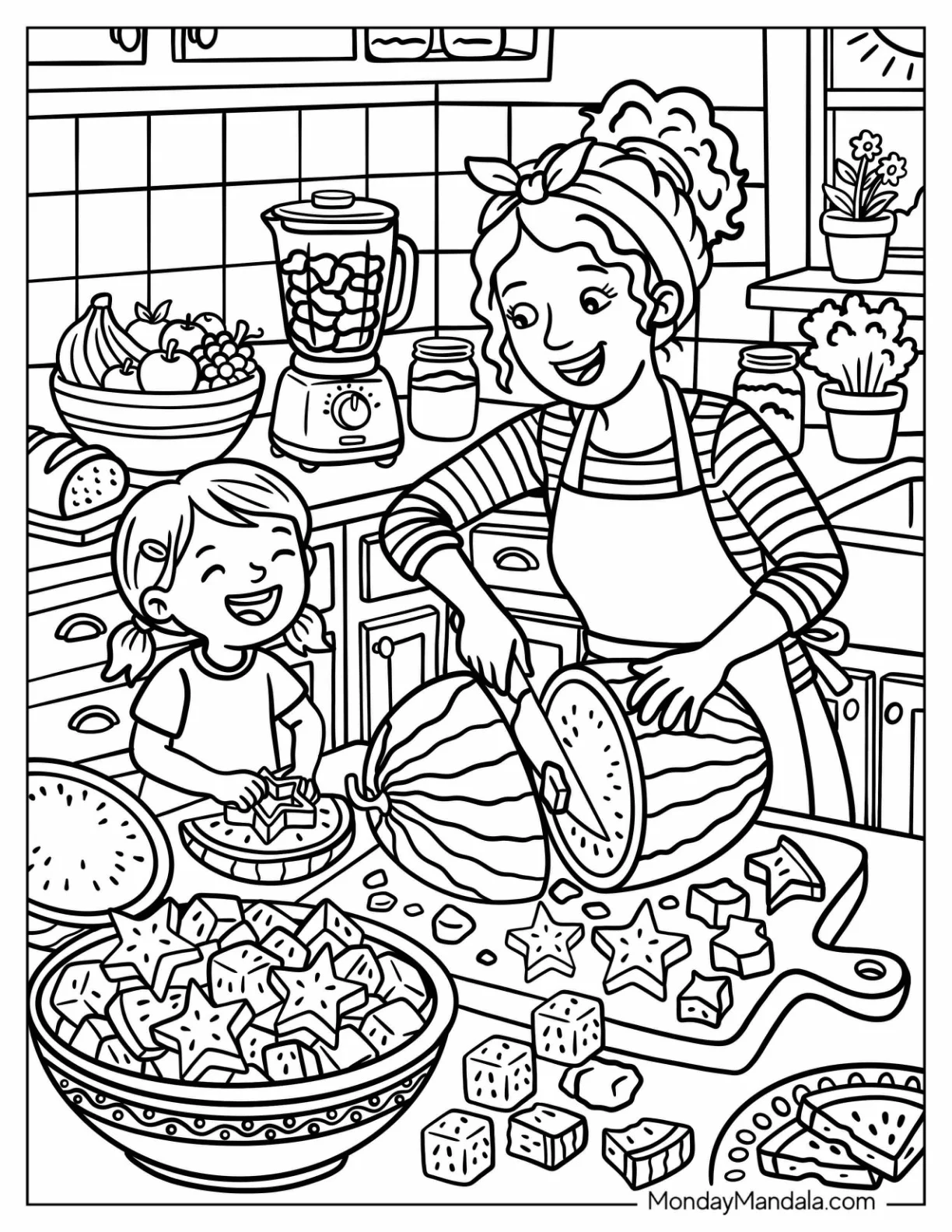 Mother and Daughter Cutting Watermelon into Fun Shapes Coloring Page coloring page