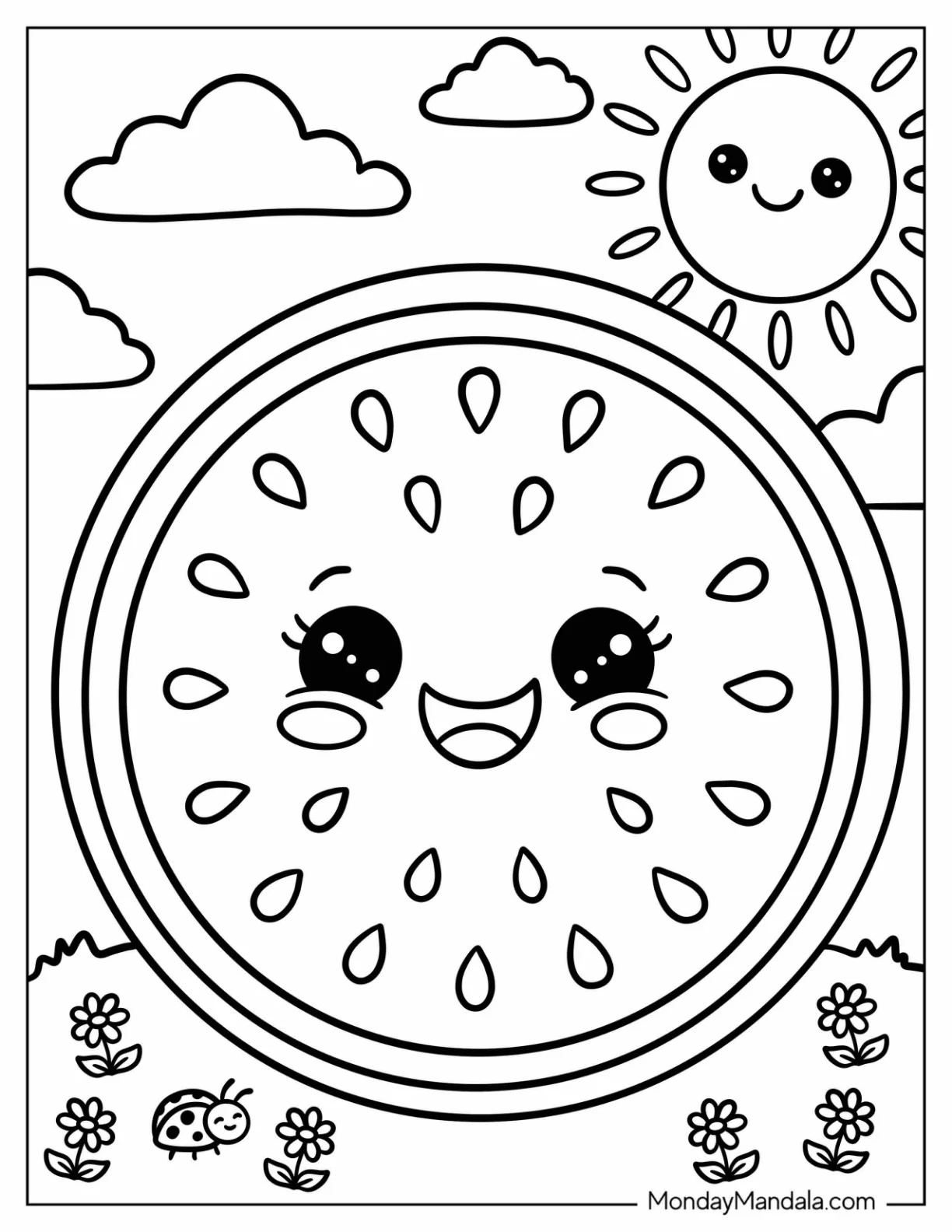 Round Watermelon Slice in a Sunny Flower Meadow Coloring Page for Kids coloring page