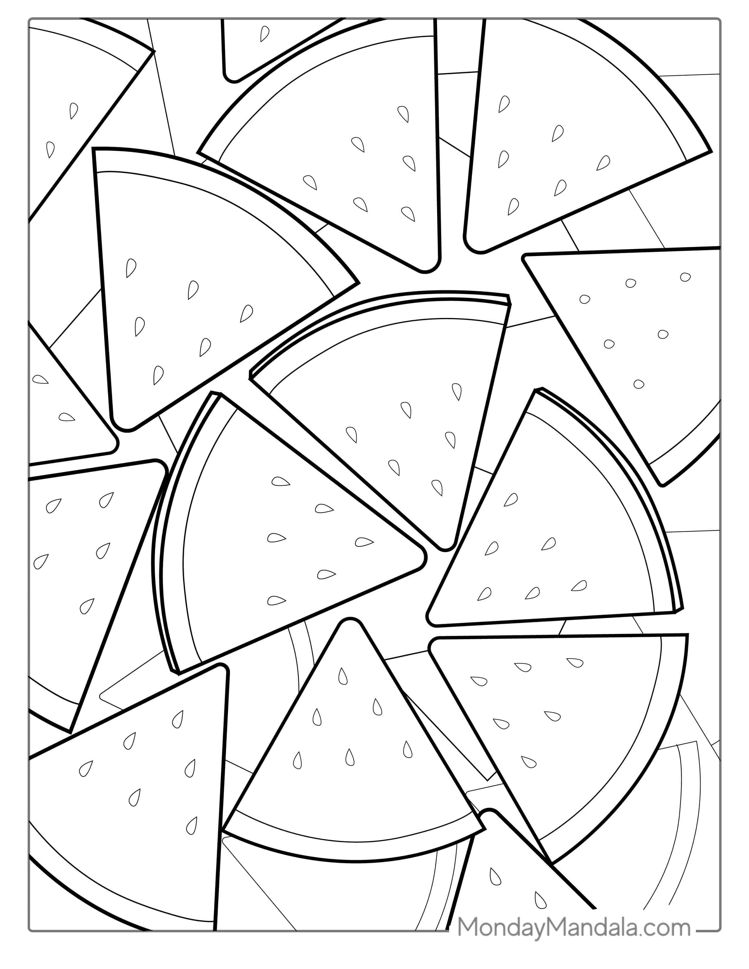 Slices Of Watermelon With Seeds Coloring coloring page — printable line art