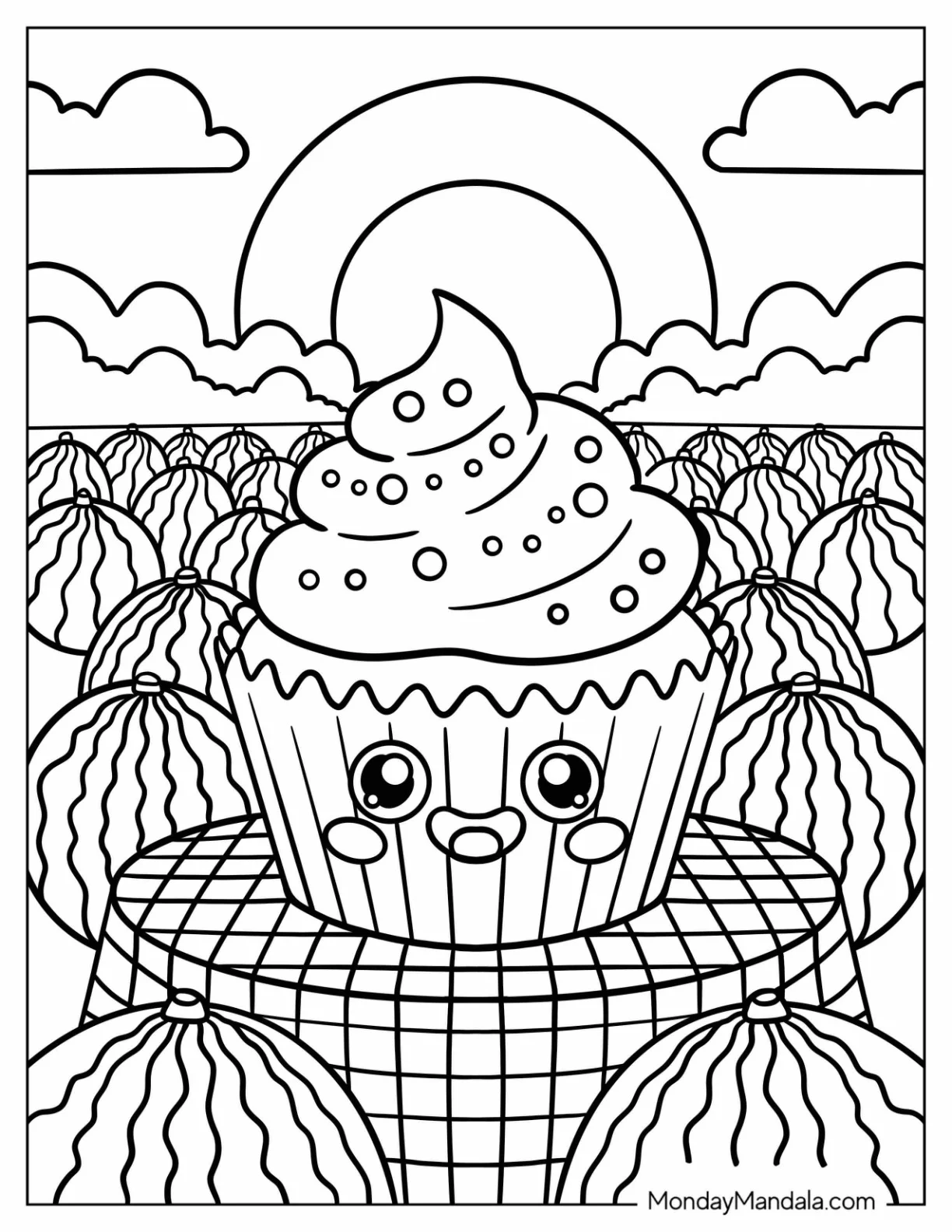 Smiling Cupcake in a Watermelon Coloring Page Field at Sunset for Kids coloring page — printable line art