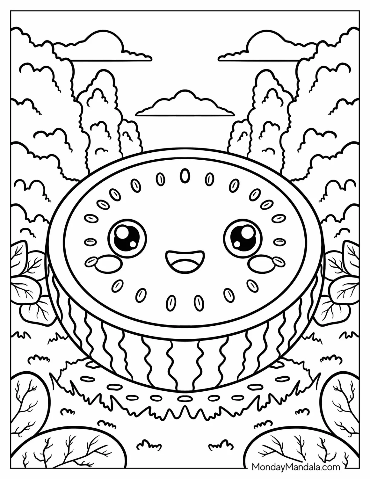 Smiling Kawaii Watermelon Coloring Page Sitting in a Sunny Garden for Kids coloring page — printable line art