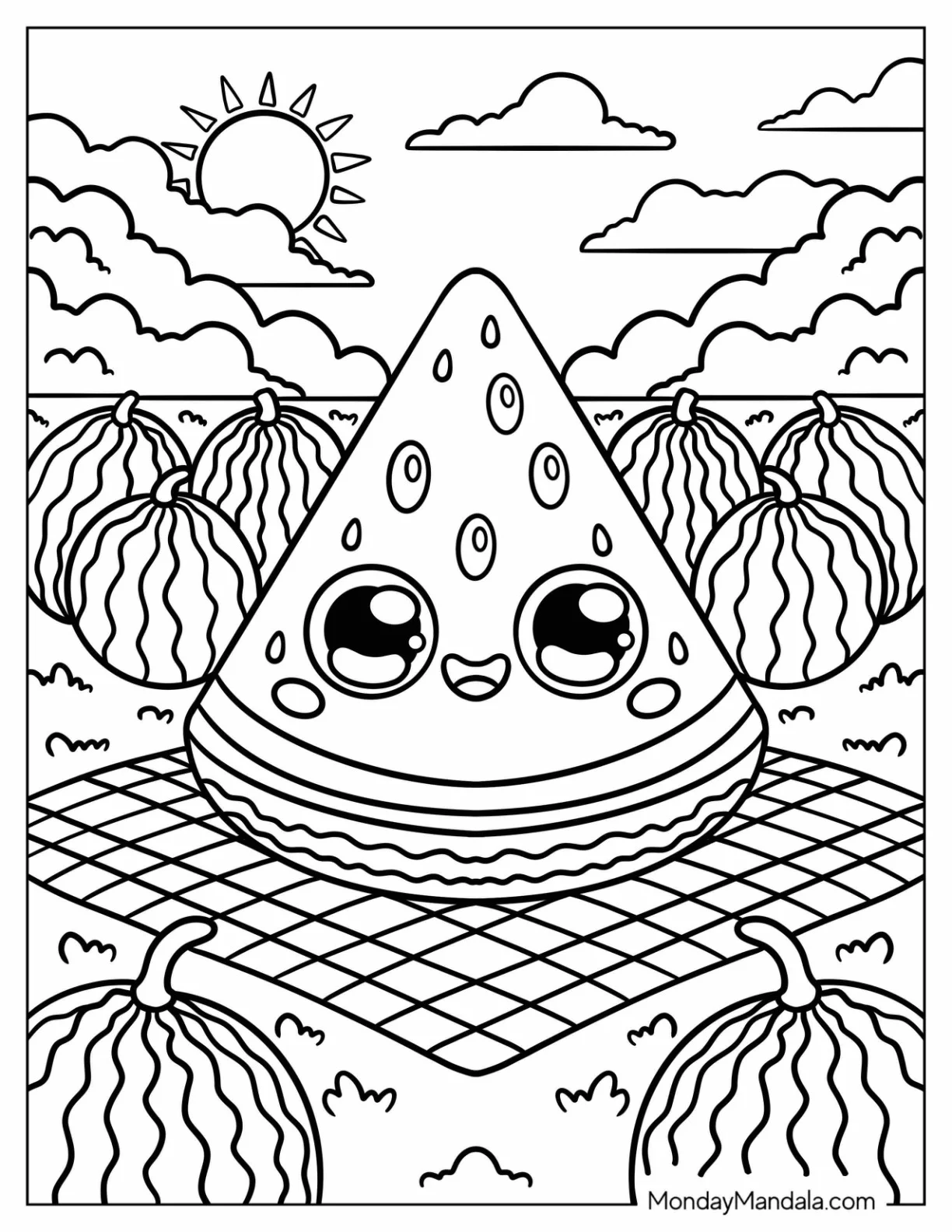 Sunlit Watermelon Coloring Page Slice on a Summer Picnic Blanket for Kids coloring page
